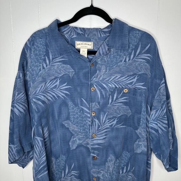 Boca Classics Mens Shirt Island Wear Silk Hawaiian Short Sleeve Blue Leafy XXXL - Picture 3 of 14
